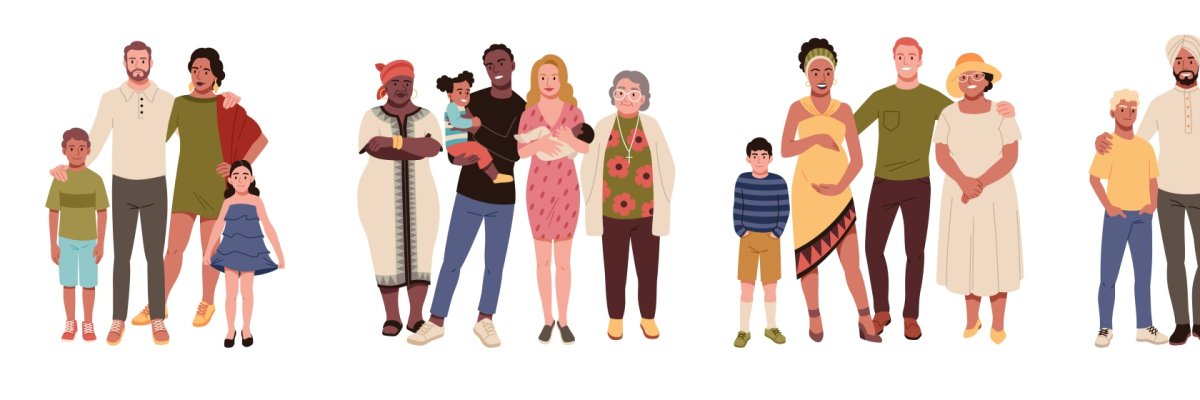 Multinational family. Mixing of ethnic groups, happy people with grandparents and children, national clothing elements relationships and parenthood concept, cartoon flat tidy vector set